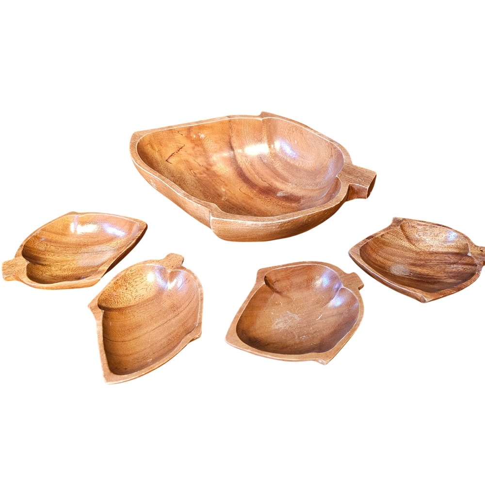 Vintage Monkey Pod Wood Acorn Leaf Snack Bowl Set 5pc Made in Philippines MCM